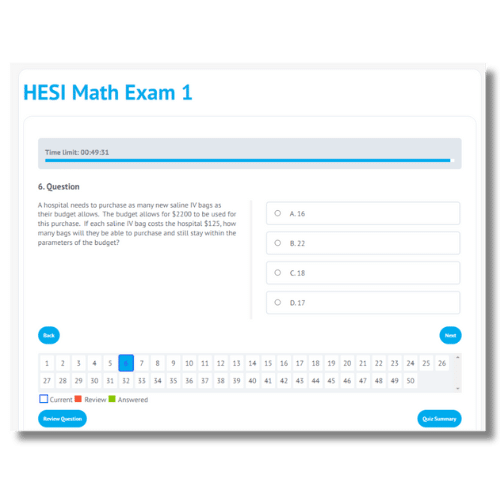 An image showing an example of a practice exam in our HESI study guide