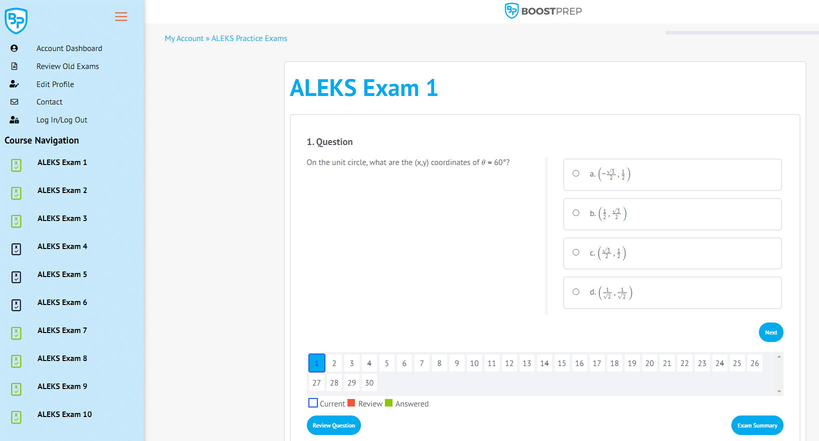 An image showing an example of our ALEKS practice exam