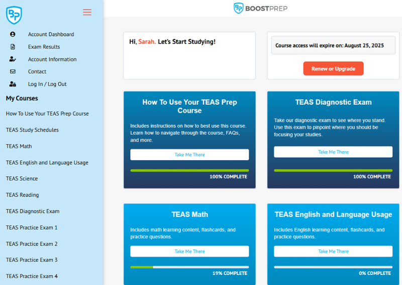 An image showing an example of the dashboard in the BoostPrep TEAS course