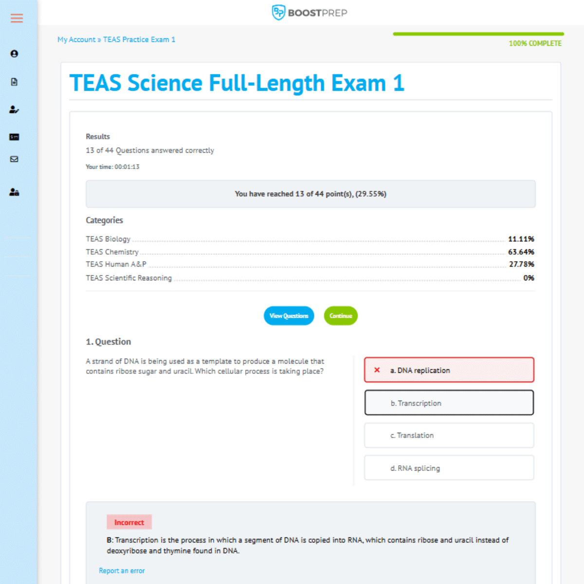 An image showing an example of the answer explanations on the BoostPrep TEAS practice exam