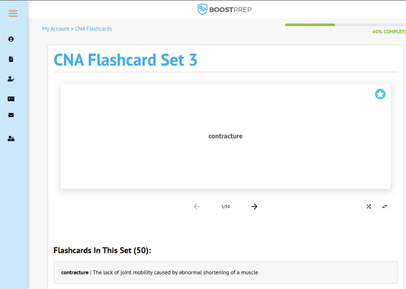 An image showing an example of the flashcards in the BoostPrep CNA course