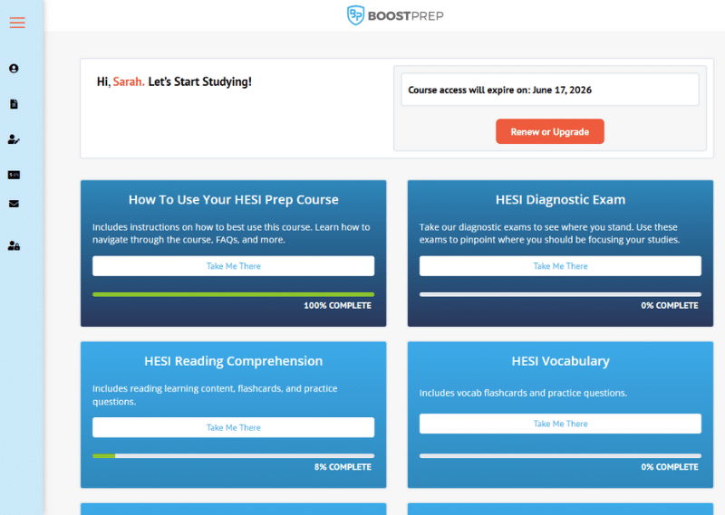 An image showing an example of the dashboard in the BoostPrep HESI A2 prep course