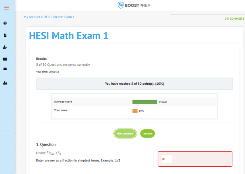 An image showing an example of a practice exam in the BoostPrep HESI course