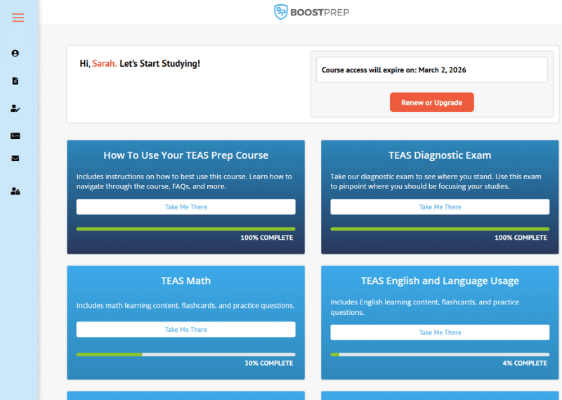 An image showing an example of the dashboard in the BoostPrep TEAS course