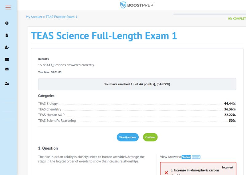 An image showing an example of a practice exam in the BoostPrep TEAS course