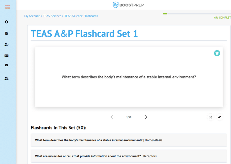 An image showing an example of the flashcards in the BoostPrep TEAS course