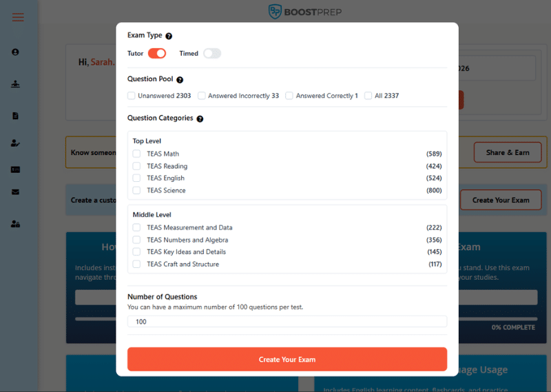 An image showing an example of the custom exam builder in the BoostPrep TEAS course