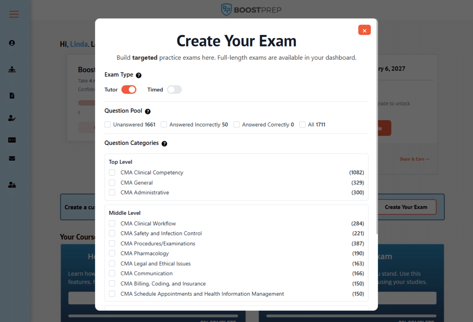 An image showing an example of the custom exam builder in the BoostPrep CMA course